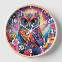 Cute Owl Colorful Bright Floral Moon Kids Girly Clock