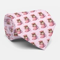 Cute Pink Owl in a Cup Valentine's Pattern Neck Tie
