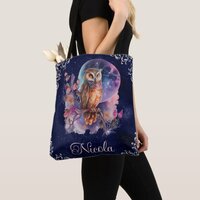 Vintage Watercolor Celestial Fantasy Owl Tote Bag