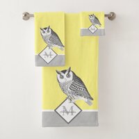 Blue Owl Gray and Yellow Monogram name Bath Towel Set