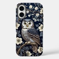 Cute Northern Saw-Whet Owl And Moonflowers On Navy iPhone 16 Case