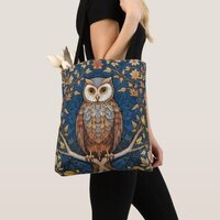 Owl on a branch blue autumn background art nouveau tote bag