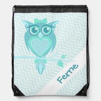Kids name teal chevron owl drawstring bag
