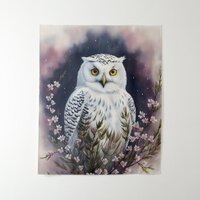 White Owl Floral Night Portrait Tapestry