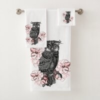 Gray Owl Pink Orchids Bath Towel Set