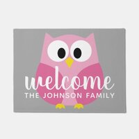 Cute Cartoon Owl - Pink and Gray Custom Name Doormat