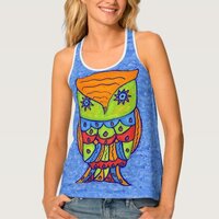 Bold Bright Abstract Owl Star Eyes on blue Tank Top