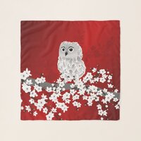 Cute Owl Cherry Blossom Red Black White Scarf
