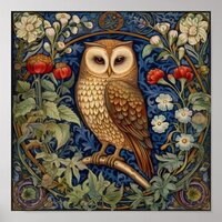 Owl in the garden William Morris style Poster
