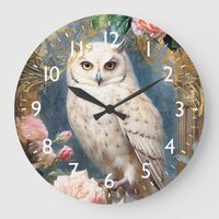 White Owl and Pink Roses Large Clock