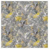 Grey and yellow plant leaves and cute owls fabric