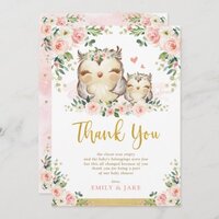 Owl Blush Pink Roses Baby Shower Thank You Card