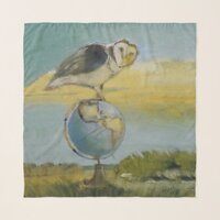 Owl Beach Earth Globe Bird Wildlife Painting Scarf