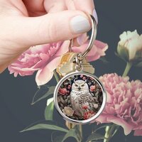 Snowy Owl Pink Peony Flowers Keychain