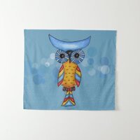 Fantasy Owl Colorful Feathers Blue Head Eyes Tapestry