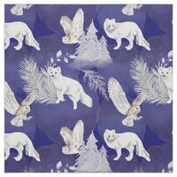 Winter Blue White Fox Owl Pine Trees Watercolor Fabric