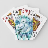 Snow Owl Dreamcatcher Green and Teal Blue Floral Playing Cards