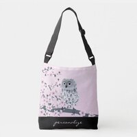 Owl And Cherry Blossoms Pink Gray Crossbody Bag