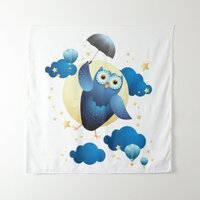 Cute Owl Flying with Umbrella  Tapestry