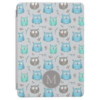 Cute Blue Grey Owl Pattern Monogram iPad Air Cover