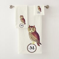 Rustic Watercolor Owl Monogram Name White Bath Towel Set