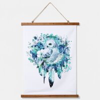 Snow Owl Dreamcatcher Green and Teal Blue Floral Hanging Tapestry