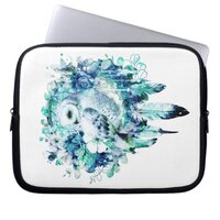 Snow Owl Dreamcatcher Green and Teal Blue Floral Laptop Sleeve