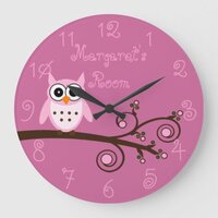Cute Pink Owl Personalized Girl's Room Large Clock