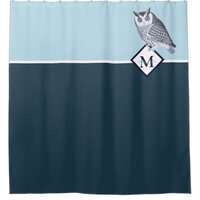 Blue Owl Gray Monogram Name Bath Towel Set Shower Curtain