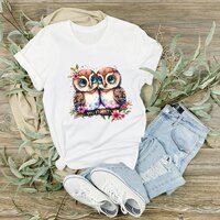 Blue Eyed Owls on Floral Branch Graphic T-Shirt