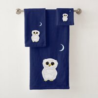 White Owl & Crescent Moon on Navy Blue Bath Towel Set