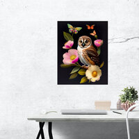 Owl Pink Floral Butterflies Illustration Poster