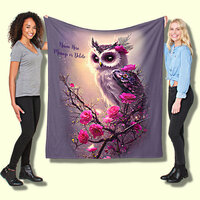 Purple Owl & Pink Flowers Fleece Blanket