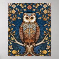 Owl on a branch blue autumn background art nouveau poster