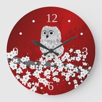 Cute Owl Cherry Blossom Red Black White Large Cloc Large Clock