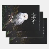 Majestic winter snowy owl monogram custom name wrapping paper sheets