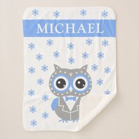 Gentleman Owl Blue Gray Baby Boy Sherpa Blanket
