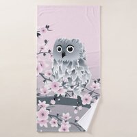 Cute Owl and Cherry Blossoms Bath Towel