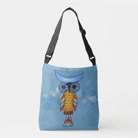 Abstract Colorful Owl Big Blue Eyes on Blue Circle Crossbody Bag