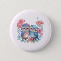 Owls in Love Sitting on a Tree Branch Button