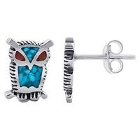 Turquoise and Coral Gemstone Owl Southwestern Style 925 Sterling Silver Post Back Stud Earrings for 