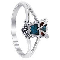 Southwestern Style Turquoise and Coral Gemstone Owl 925 Sterling Silver Ring for Women Size 7