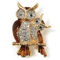 Two Sitting Diamante Owls Brooch (Gold Tone)