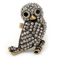 Avalaya Stunning Vintage Crystal Owl Ring In Antique Gold Tone Metal