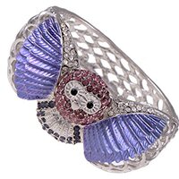 Alilang Silvery Tone Lavender Painted Multicolored Rhinestones Wise Owl Bird Bangle Cuff Bracelet