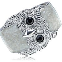 Alilang Silvery Shiny Tone Owl Bird Cream Enamel Glossy Swirl Cloudy Bracelet Bangle Cuff