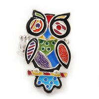 Avalaya Multicoloured Enamel 'Owl' Stretch Ring in Rhodium Plating - Adjustable (Size 7/9)