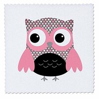 3dRose qs_61033_5 Cute Pink on Black Polka Dots Owl-Quilt Square, 14 by 14-Inch