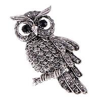 Alilang Synthetic Jet Black Rhinestone Owl Big Eye Perch Silvery Tone Adjust Ring