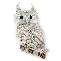 Clear, AB Diamante Owl Brooch/Pendant In Rhodium Plating - 40mm Length